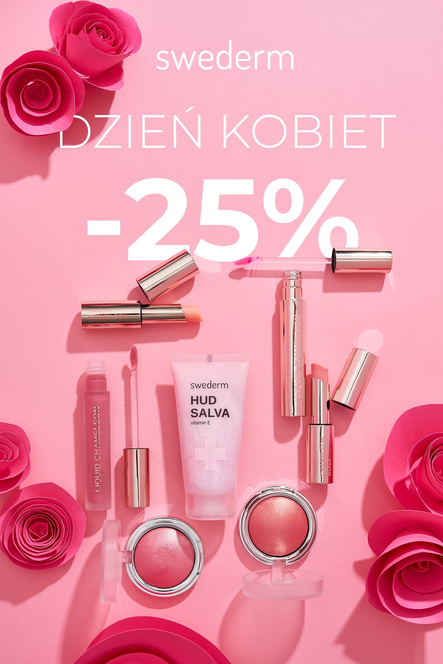 Reklama Swederm „Dzień Kobiet −25%” z kosmetykami do ust i twarzy wśród papierowych róż