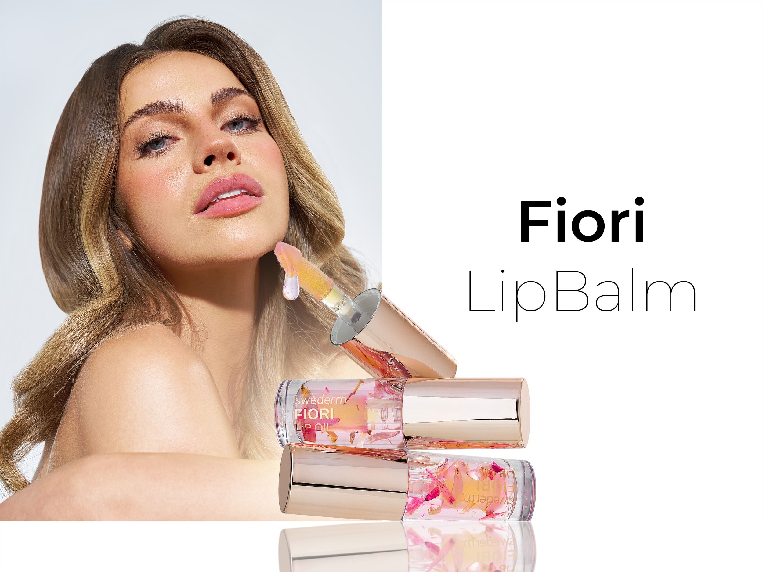 Reklama Fiori LipBalm — modelka z balsamami do ust